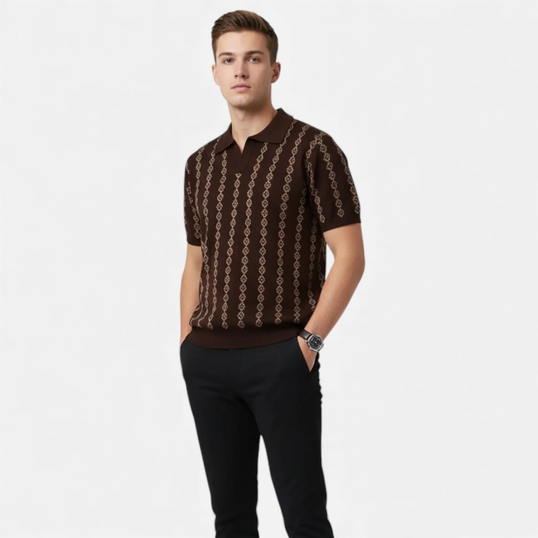Men’s V-Neck Knit Sweater – Short Sleeve, Textured Design - Image 8