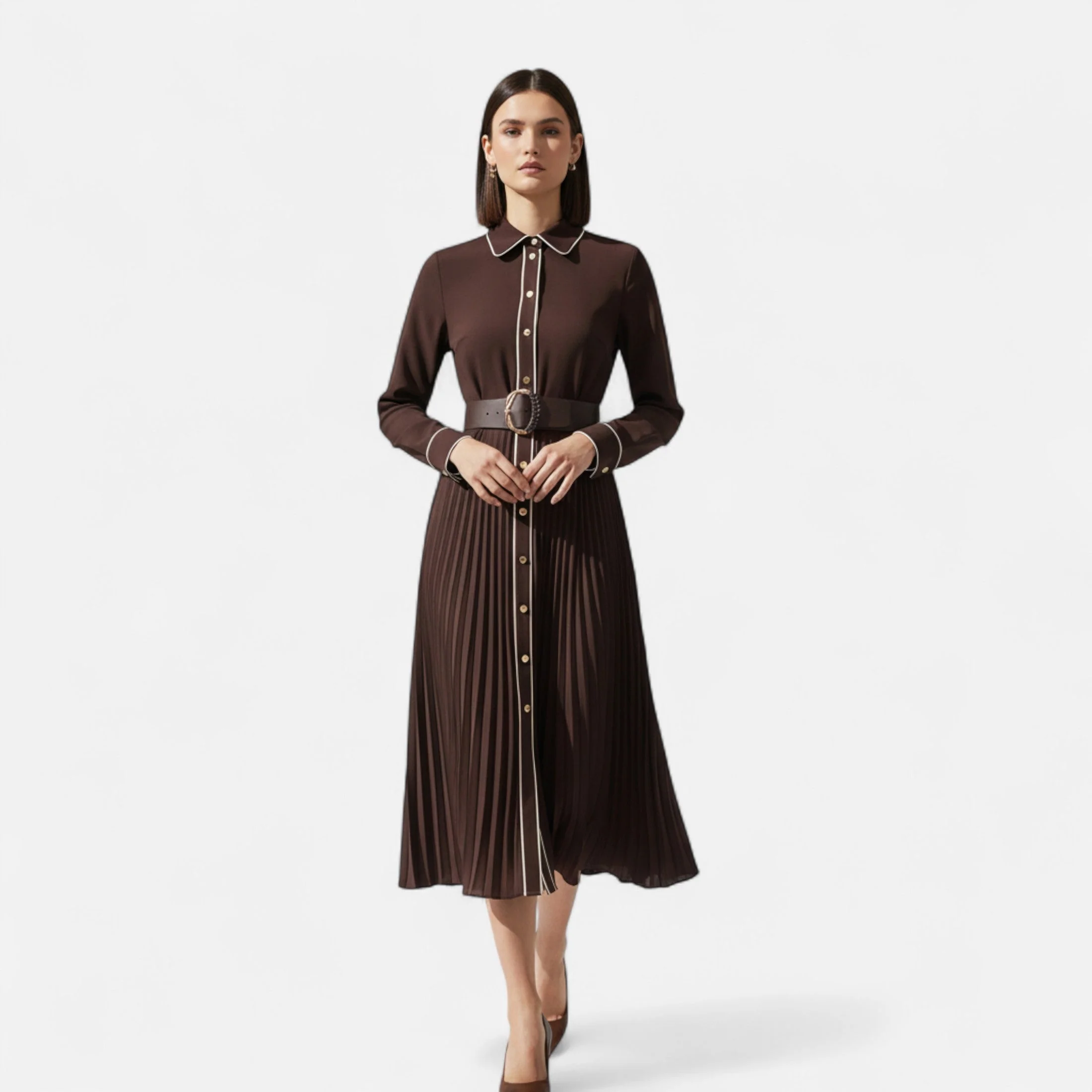 Women’s Elegant Chiffon Midi Dress with Turn Down Collar - Image 3
