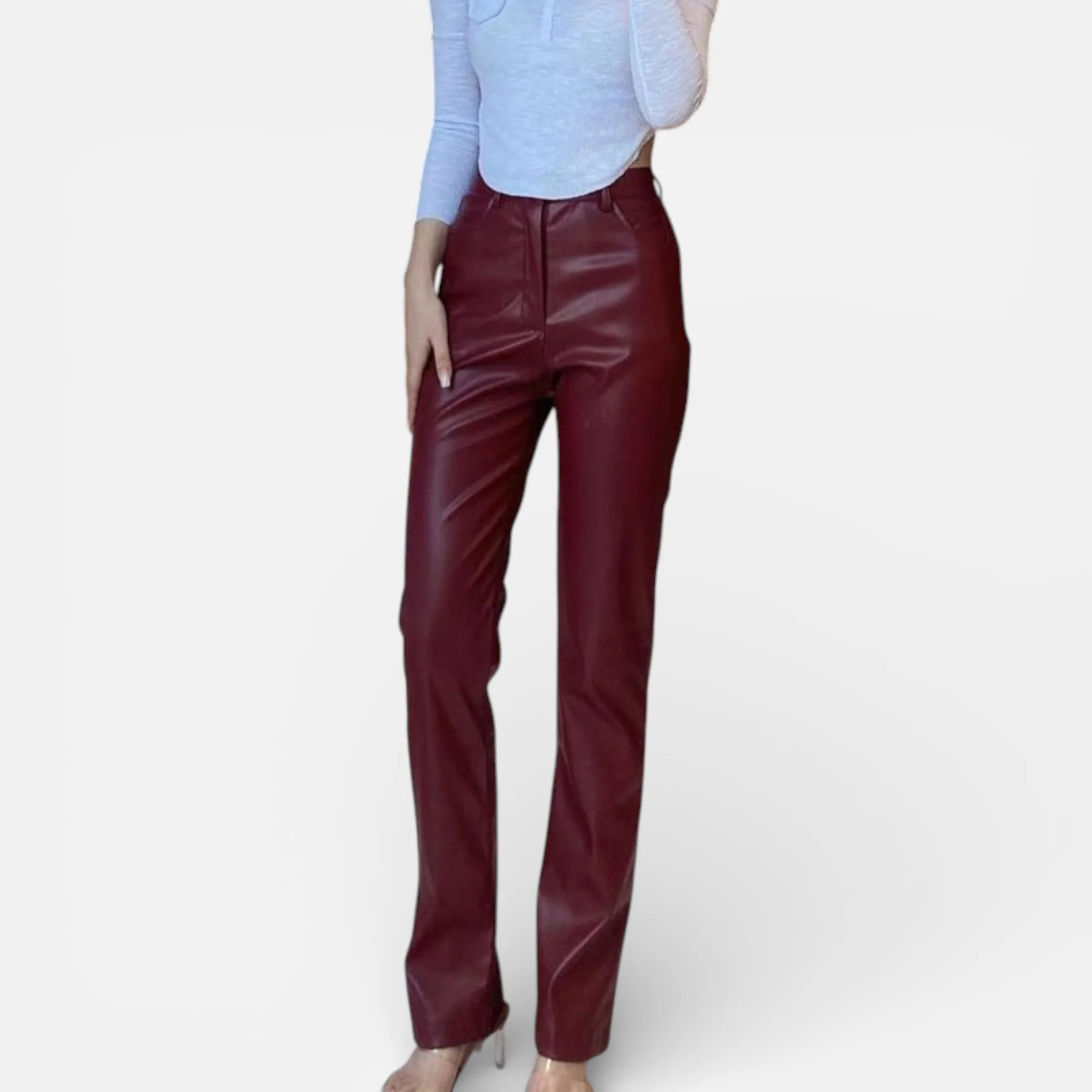 Women’s Faux Leather Straight-Leg Pants with Zipper Fly - Image 13