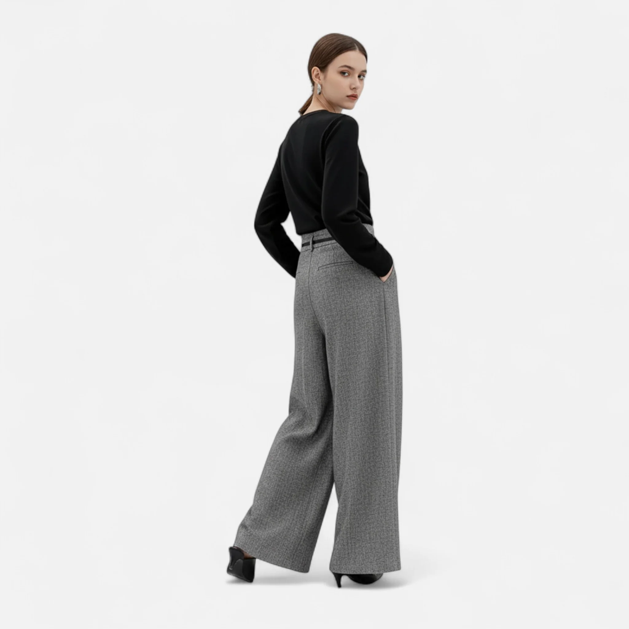 Women’s High-Waist Tweed Wide-Leg Pants with Pleated Detail - Image 3