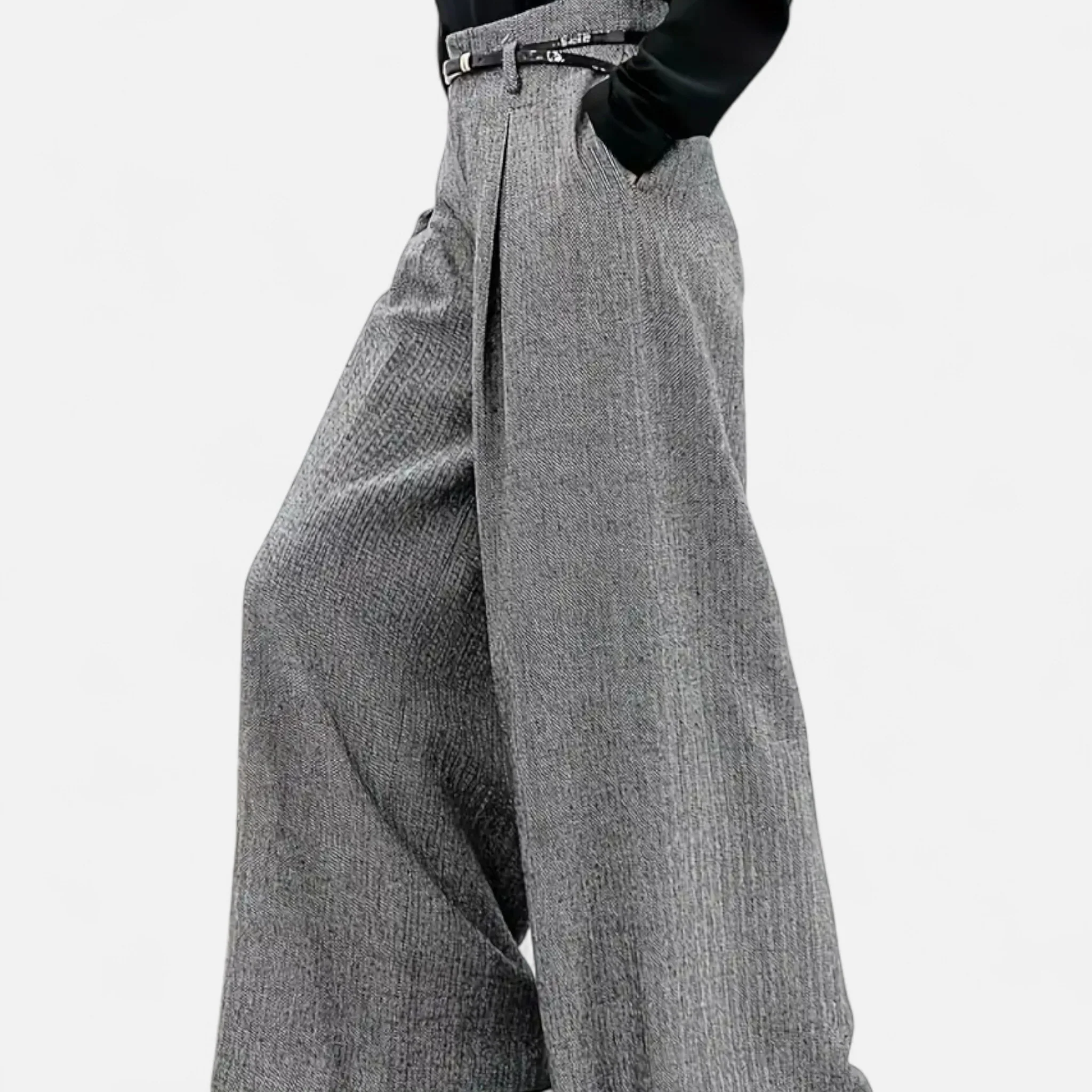 Women’s High-Waist Tweed Wide-Leg Pants with Pleated Detail - Image 4