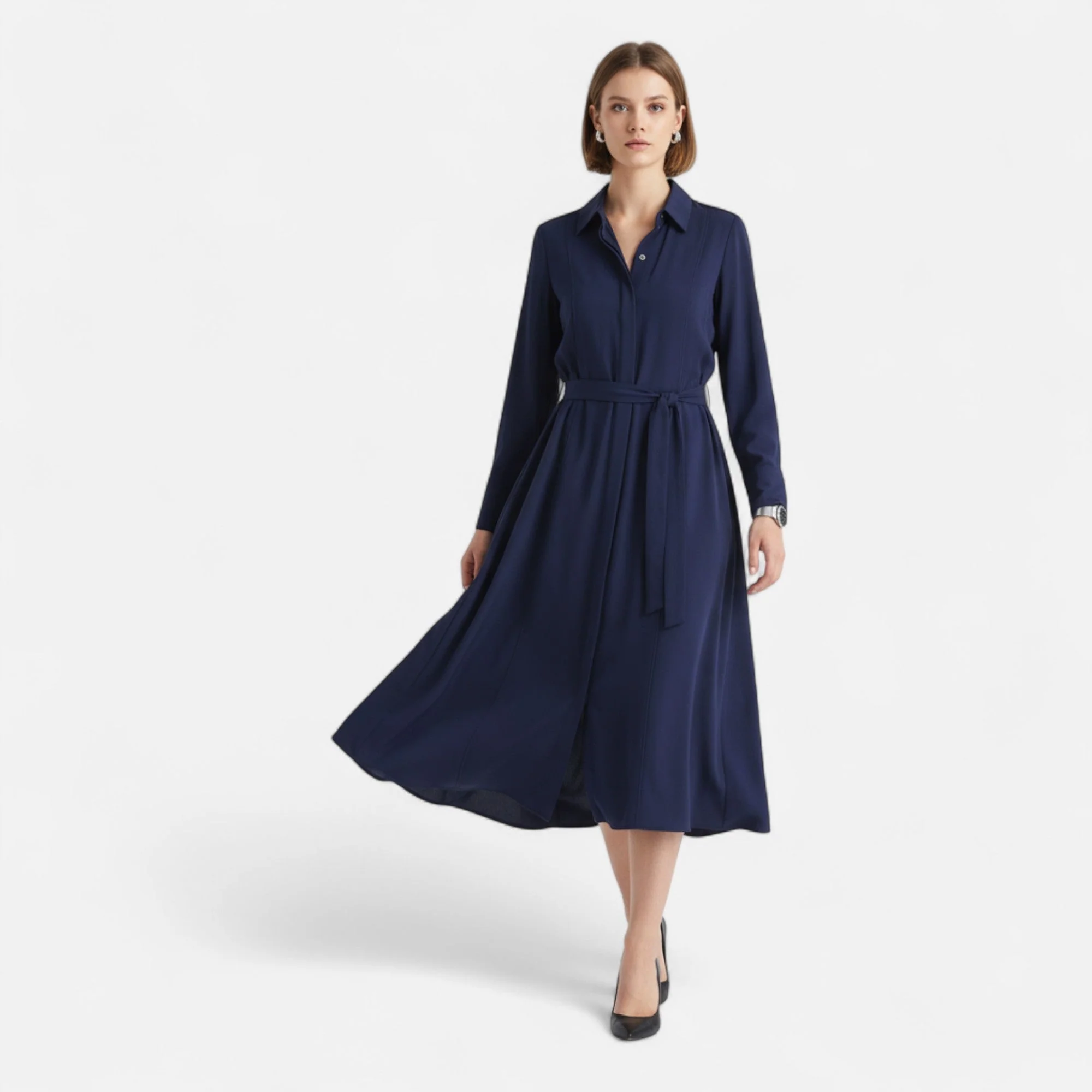Women’s Slim-Fit Cotton-Blend Midi Dress with Belt - Image 3
